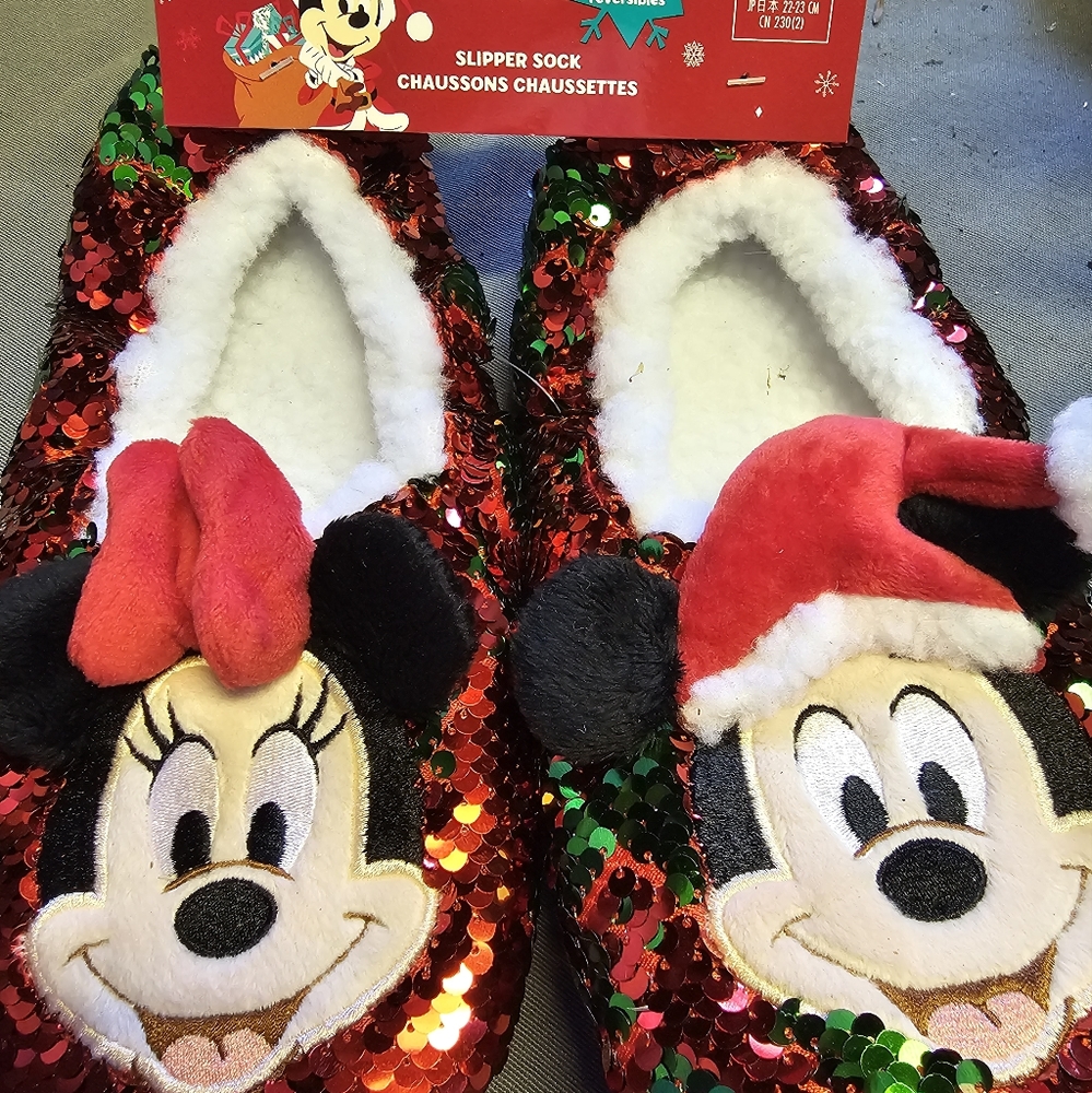Disney Mickey & Minnie Slipper Socks Christmas Holiday Reversible Sequin sz 5/6